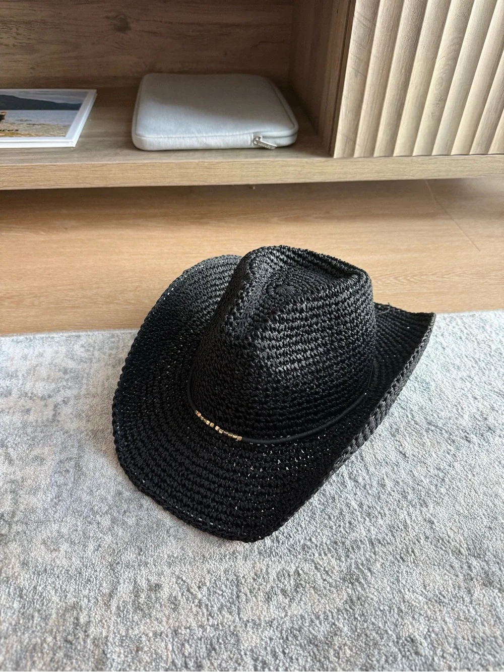 Vince Camuto Black Straw Cowboy Hat with Beaded Trim